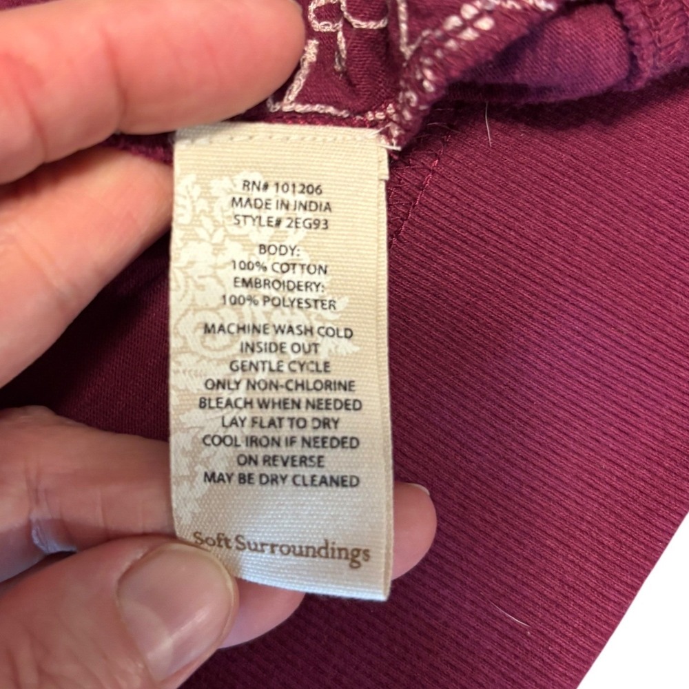Soft Surroundings Burgundy Embroidered Button Up Hoodie Cotton Small 2EG93 - Picture 6 of 13